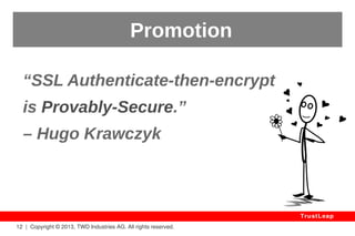 Reality 
12 | Copyright © 2013, TWD Industries AG. All rights reserved. 
TrustLeap 
2013 – Switzerland 
e-VOTE Forgery 
They know since 2002 what they 
do wrong... but 2012 audits still 
certify a flawed system. 
– advtools.com 
 