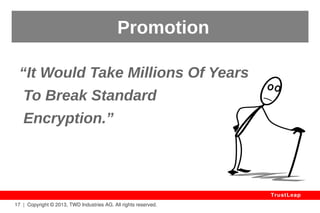 “SSL Authenticate-then-encrypt 
is Provably-Secure.” 
– Hugo Krawczyk 
17 | Copyright © 2013, TWD Industries AG. All rights reserved. 
TrustLeap 
Promotion 
 