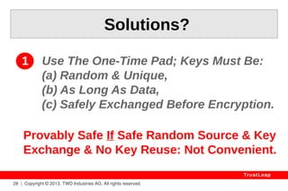 Why Standards Fail? 
AES(input, key) < 2256 (AES < Key Space) 
AES(iv, key) = System of Equations 
AES(in, key) = AES(AES(i(n-1), key), key) 
2 AES BLOCKS ENOUGH TO FIND KEY 
> ARITHMETIC, NOT “RANDOM” data. 
28 | Copyright © 2013, TWD Industries AG. All rights reserved. 
TrustLeap 
 