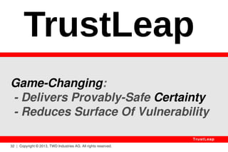 Solutions? 
1 Use The One-Time Pad; Keys Must Be: 
(a) Random & Unique, 
(b) As Long As Data, 
(c) Safely Exchanged Before Encryption. 
Provably Safe If Safe Random Source & Key 
Exchange & No Key Reuse: Not Convenient. 
32 | Copyright © 2013, TWD Industries AG. All rights reserved. 
TrustLeap 
 