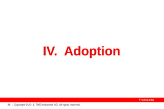 38 | Copyright © 2013, TWD Industries AG. All rights reserved. 
TrustLeap 
Secure Forever 
WHY: 
Without Correlations 
To Spot In Encrypted Data 
There Is Nothing To Target & Break. 
 