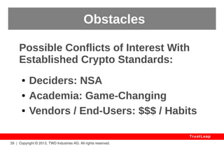 39 | Copyright © 2013, TWD Industries AG. All rights reserved. 
TrustLeap 
Ubiquity 
WHERE: 
A Low Overhead 
Makes It Suitable For All Uses 
(Servers, Phones, Embedded). 
 