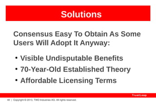 40 | Copyright © 2013, TWD Industries AG. All rights reserved. 
TrustLeap 
Convenient 
WHY: 
Security Becomes Independent 
From Chosen Key Length And 
Involved Encryption Algorithm. 
 
