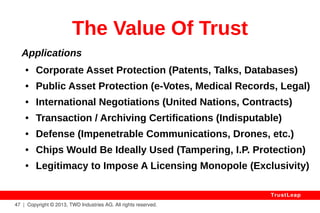 Intrusion Detection Systems 
Application Firewalls and other security filters 
attempt to block abusers. 
They can only block AFTER an attack is detected, 
and their detection rules are updated AFTER a new 
attack signature is built and broadcasted. 
With TRUSTLEAP, only authenticated users can 
interact with your server applications: you know 
who to block, and where to find offenders. 
47 | Copyright © 2013, TWD Industries AG. All rights reserved. 
TrustLeap 
 