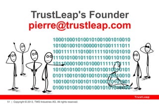 Trust Starts With Identity 
● Email (Data Protection, Negotiations, Board Talks) 
● Routers / Firewalls (How Safe Are Barriers If Broken?) 
● Transactions (Trading, Contracts, Non-Repudiation) 
● Storage (Confidentiality, Tamper-Proof, Full-Control) 
● Defence (Remote Presence / Control, Chain Of Orders) 
● I.P. Rights (What Worth Is A Proof That Can Be Spoofed?) 
● Legal (Customers / Lawyers / Regulators Security Chain) 
Availability: TrustLeap Multipass 
51 | Copyright © 2013, TWD Industries AG. All rights reserved. 
TrustLeap 
 