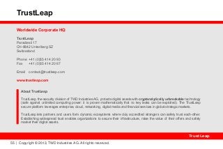 TrustLeap 
Worldwide Corporate HQ 
TrustLeap 
Paradiesli 17 
CH-8842 Unteriberg SZ 
Switzerland 
Phone +41 (0)55 414 20 93 
Fax +41 (0)55 414 20 67 
Email contact@trustleap.com 
www.trustleap.com 
About TrustLeap 
TrustLeap, the security division of TWD Industries AG, protects digital assets with cryptanalytically unbreakable technology 
(safe against unlimited computing power: it is proven mathematically that no key leaks can be exploited). The TrustLeap 
secure platform leverages enterprise, cloud, networking, digital media and financial services in global strategic markets. 
TrustLeap lets partners and users form dynamic ecosystems where duly accredited strangers can safely trust each-other. 
Establishing widespread trust enables organizations to secure their infrastructure, raise the value of their offers and safely 
market their digital assets. 
TrustLeap 
55 | Copyright © 2013, TWD Industries AG. All rights reserved. 
