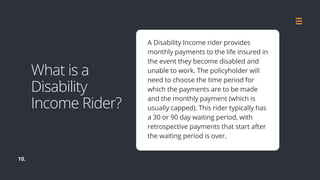 10.
A Disability Income rider provides
monthly payments to the life insured in
the event they become disabled and
unable to work. The policyholder will
need to choose the time period for
which the payments are to be made
and the monthly payment (which is
usually capped). This rider typically has
a 30 or 90 day waiting period, with
retrospective payments that start after
the waiting period is over.
What is a
Disability
Income Rider?
 