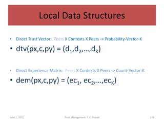 Local Data Structures
• Direct Trust Vector: Peers X Contexts X Peers -> Probability-Vector-K
• dtv(px,c,py) = (d1,d2,…,dK)
• Direct Experience Matrix: Peers X Contexts X Peers -> Count-Vector-K
• dem(px,c,py) = (ec1, ec2,…,ecK)
June 1, 2015 Trust Management: T. K. Prasad 178
 