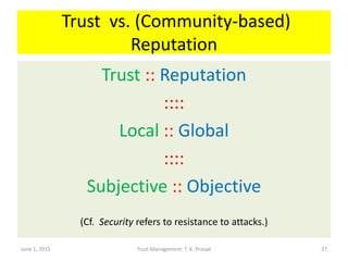 Trust vs. (Community-based)
Reputation
Trust :: Reputation
::::
Local :: Global
::::
Subjective :: Objective
(Cf. Security refers to resistance to attacks.)
June 1, 2015 Trust Management: T. K. Prasad 27
 
