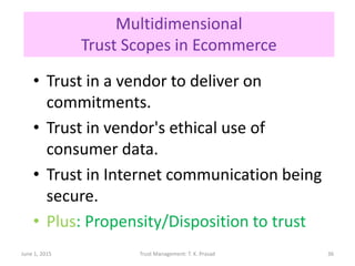 Multidimensional
Trust Scopes in Ecommerce
• Trust in a vendor to deliver on
commitments.
• Trust in vendor's ethical use of
consumer data.
• Trust in Internet communication being
secure.
• Plus: Propensity/Disposition to trust
June 1, 2015 Trust Management: T. K. Prasad 36
 