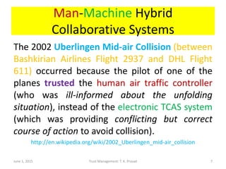 Man-Machine Hybrid
Collaborative Systems
The 2002 Uberlingen Mid-air Collision (between
Bashkirian Airlines Flight 2937 and DHL Flight
611) occurred because the pilot of one of the
planes trusted the human air traffic controller
(who was ill-informed about the unfolding
situation), instead of the electronic TCAS system
(which was providing conflicting but correct
course of action to avoid collision).
http://en.wikipedia.org/wiki/2002_Uberlingen_mid-air_collision
June 1, 2015 Trust Management: T. K. Prasad 7
 