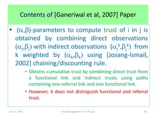 Contents of [Ganeriwal et al, 2007] Paper
• (a,b)-parameters to compute trust of i in j is
obtained by combining direct observations
(aj,bj) with indirect observations (aj
k,bj
k) from
k weighted by (ak,bk) using [Josang-Ismail,
2002] chaining/discounting rule.
• Obtains cumulative trust by combining direct trust from
a functional link and indirect trusts using paths
containing one referral link and one functional link.
• However, it does not distinguish functional and referral
trust.
June 1, 2015 Trust Management: T. K. Prasad 94
 
