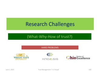 Research Challenges
June 1, 2015 Trust Management: T. K. Prasad 120
(What-Why-How of trust?)
HARD PROBLEMS
 