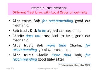 Example Trust Network -
Different Trust Links with Local Order on out-links
• Alice trusts Bob for recommending good car
m...