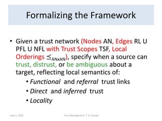 Formalizing the Framework
• Given a trust network (Nodes AN, Edges RL U
PFL U NFL with Trust Scopes TSF, Local
Orderings ⪯...