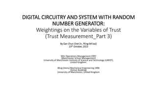 DIGITAL CIRCUITRY AND SYSTEM WITH RANDOM
NUMBER GENERATOR:
Weightings on the Variables of Trust
(Trust Measurement_Part 3)
By Gan Chun Chet (Ir., PEng (M‘sia))
23th October, 2023
MSc Operations Management 1997
[Manchester School Management]
University of Manchester Institute of Science and Technology (UMIST),
United Kingdom.
BEng (Hons) Mechanical Engineering 1996
[Simon Building]
University of Manchester, United Kingdom
 