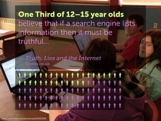 One Third of 12–15 year olds
believe that if a search engine lists
information then it must be
truthful…
— Truth, Lies and...