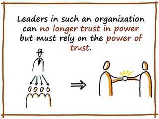 Leaders in such an organization
can no longer trust in power
but must rely on the power of
trust.

 
