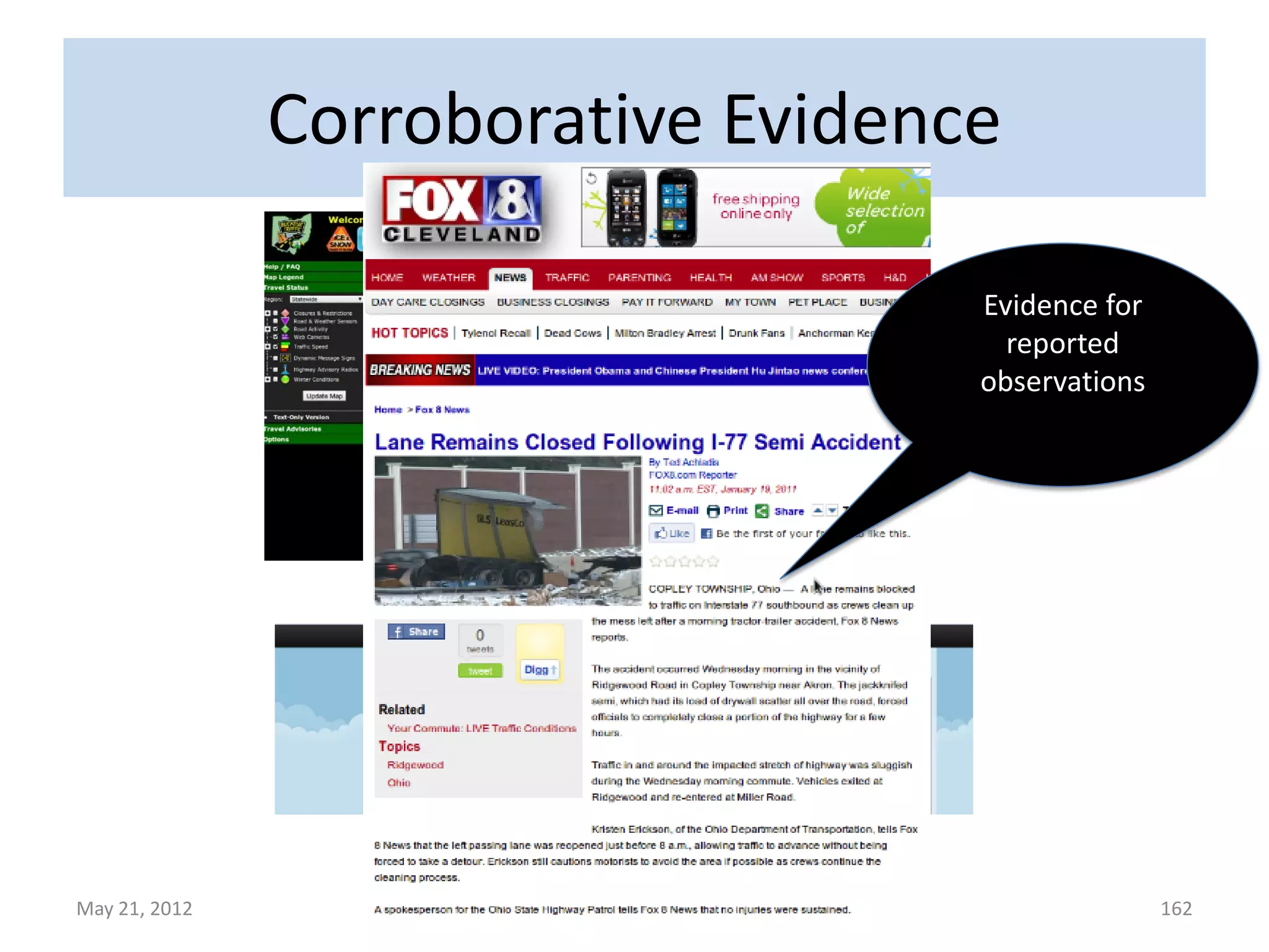 Complementary and Corroborative
              Information
                                                Sensors observe
                                                  slow moving
                                                     traffic




                                                Complementary
                                                  information
                                                   from social
                                                    networks




May 21, 2012     Trust Networks: T. K. Prasad                     162
 