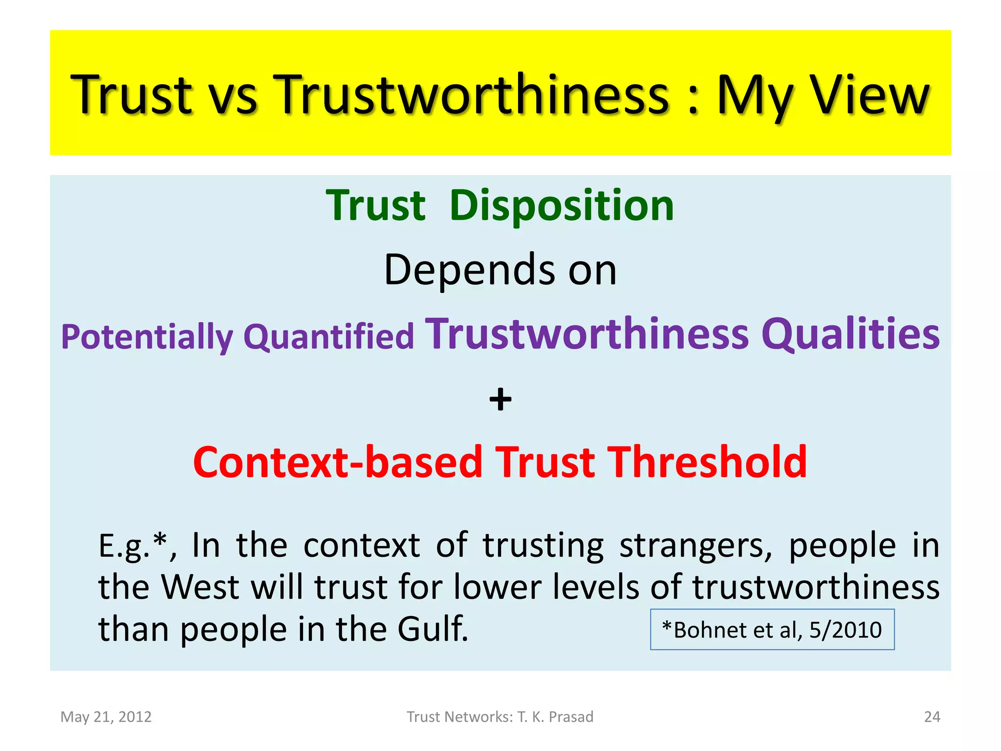 Trust vs Trustworthiness : My View
                Trust Disposition
                    Depends on
Potentially Quantified Trustworthiness Qualities
                          +
        Context-based Trust Threshold
    E.g.*, In the context of trusting strangers, people in
    the West will trust for lower levels of trustworthiness
    than people in the Gulf.              *Bohnet et al, 5/2010


May 21, 2012             Trust Networks: T. K. Prasad        24
 
