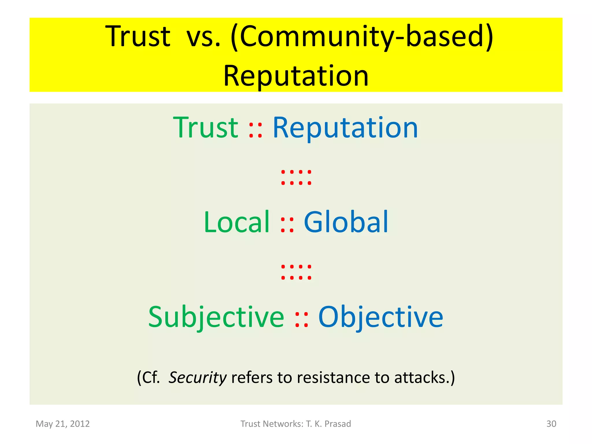 Trust vs. (Community-based)
                        Reputation
                    Trust :: Reputation
                             ::::
                      Local :: Global
                             ::::
                  Subjective :: Objective
                 (Cf. Security refers to resistance to attacks.)

May 21, 2012                    Trust Networks: T. K. Prasad       30
 