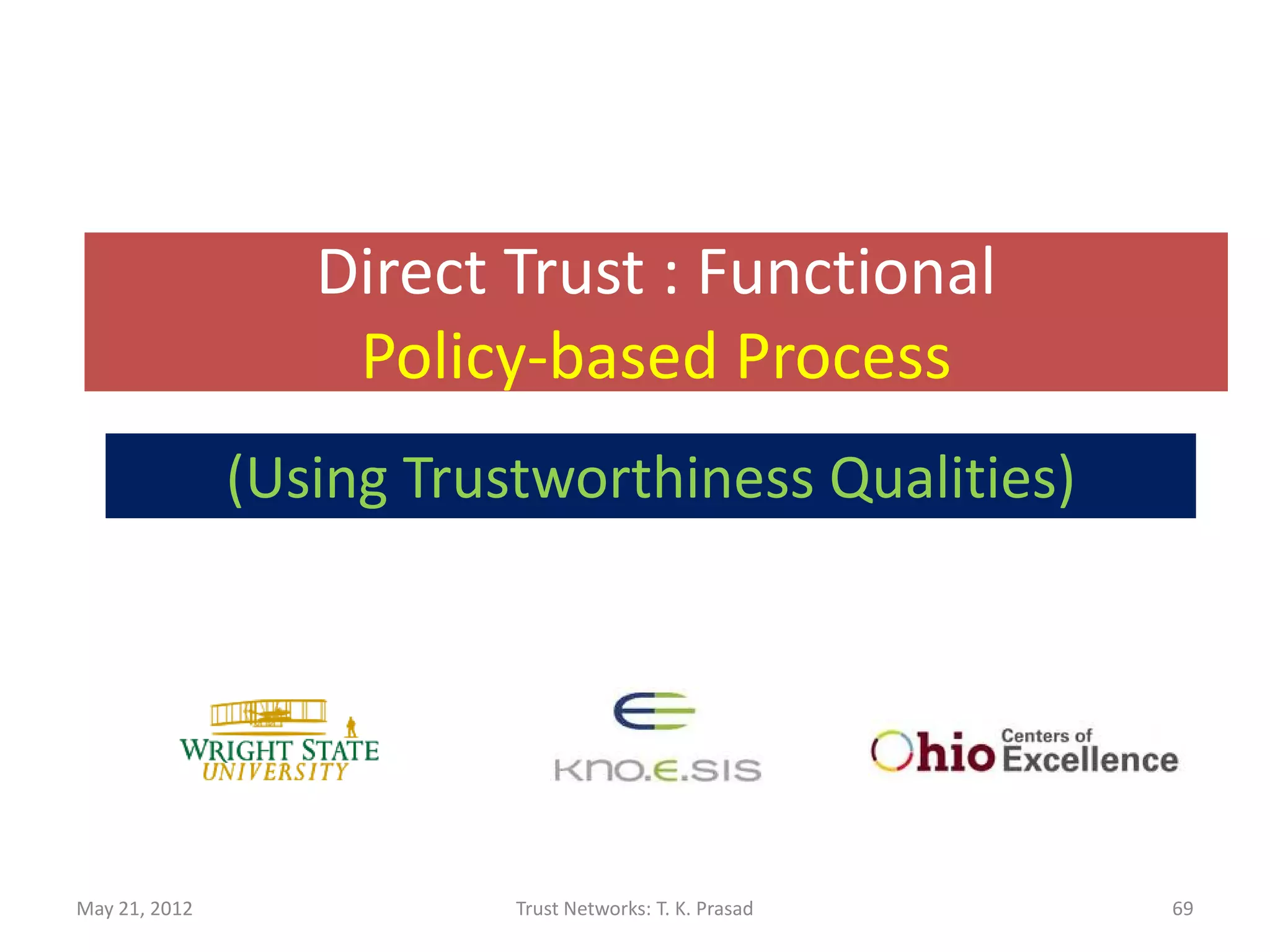 Linear vs Nonlinear Map
Relative to computing trust as
  T(trustee : trustor, action) = ( p – 0.5 ) * 2
to map of trust probability p in [0,1] to a
trust value in [-1,+1], the information
theoretic formulation yields a non-linear
map that amplifies the effect of changes
to trust probability on the trust value at
the extremes.
May 21, 2012          Trust Networks: T. K. Prasad   69
 