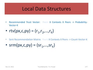 Local Data Structures

• Recommended Trust Vector: Peers X Contexts X Peers -> Probability-
  Vector-K

• rtv(px,c,py) = (r1,r2,…,rK)
• Sent Recommendation Matrix: Peers X Contexts X Peers -> Count-Vector-K

• srm(px,c,py) = (sr1,…,srK)



Dec 15, 2011                Trust Networks: T. K. Prasad              177
 