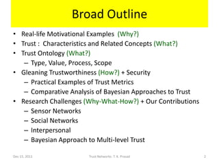 Broad Outline
• Real-life Motivational Examples (Why?)
• Trust : Characteristics and Related Concepts (What?)
• Trust Ontology (What?)
   – Type, Value, Process, Scope
• Gleaning Trustworthiness (How?) + Security
   – Practical Examples of Trust Metrics
   – Comparative Analysis of Bayesian Approaches to Trust
• Research Challenges (Why-What-How?) + Our Contributions
   – Sensor Networks
   – Social Networks
   – Interpersonal
   – Bayesian Approach to Multi-level Trust

Dec 15, 2011           Trust Networks: T. K. Prasad         2
 
