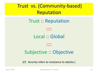 Trust vs. (Community-based)
                        Reputation
                    Trust :: Reputation
                             ::::
                      Local :: Global
                             ::::
                  Subjective :: Objective
                 (Cf. Security refers to resistance to attacks.)

Dec 15, 2011                    Trust Networks: T. K. Prasad       27
 