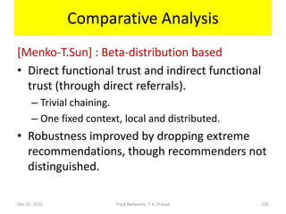 Comparative Analysis
[Menko-T.Sun] : Beta-distribution based
• Direct functional trust and indirect functional
  trust (through direct referrals).
      – Trivial chaining.
      – One fixed context, local and distributed.
• Robustness improved by dropping extreme
  recommendations, though recommenders not
  distinguished.

Dec 15, 2011             Trust Networks: T. K. Prasad   105
 