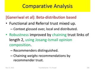 Comparative Analysis
[Ganeriwal et al]: Beta-distribution based
• Functional and Referral trust mixed up.
      – Context glossed over, local and distributed.
• Robustness improved by chaining trust links of
  length 2, using Josang-Ismail opinion
  composition.
      – Recommenders distinguished.
      – Chaining weighs recommendations by
        recommender trust.
Dec 15, 2011             Trust Networks: T. K. Prasad   106
 