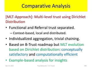 Comparative Analysis
[MLT-Approach]: Multi-level trust using Dirichlet
Distribution
• Functional and Referral trust separated.
      – Context-based, local and distributed.
• Individualized aggregation, trivial chaining.
• Based on B-Trust roadmap but MLT evolution
  based on Dirichlet distribution: conceptually
  satisfactory and computationally efficient
• Example-based analysis for insights
Dec 15, 2011            Trust Networks: T. K. Prasad   109
 