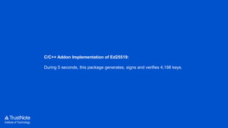 Institute of Technology
C/C++ Addon Implementation of Ed25519:
During 5 seconds, this package generates, signs and verifies 4,198 keys.
 
