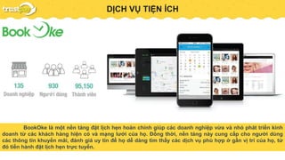 PAYMENT GATEWAYDỊCH VỤ TIỆN ÍCH
BookOke là một nền tảng đặt lịch hẹn hoàn chỉnh giúp các doanh nghiệp vừa và nhỏ phát triển kinh
doanh từ các khách hàng hiện có và mạng lưới của họ. Đồng thời, nền tảng này cung cấp cho người dùng
các thông tin khuyến mãi, đánh giá uy tín để họ dễ dàng tìm thấy các dịch vụ phù hợp ở gần vị trí của họ, từ
đó tiến hành đặt lịch hẹn trực tuyến.
 