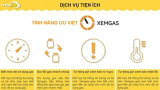 PAYMENT GATEWAYDỊCH VỤ TIỆN ÍCH
Biết mức độ sử dụng gas
Kết hợp hệ thống đo lường
và bộ nhớ, giúp bạn biết
mức gas hiện tại cũng như
mức độ sử dụng gas.
Gọi đổi gas nhanh chóng
Khi lượng gas sắp hết,
Xemgas đẩy thông báo
đồng thời giúp bạn gọi gas
một cách nhanh nhất.
Tự động gửi cảnh báo rò rỉ gas
Kết hợp hệ thống đo lường và bộ
nhớ, Xemgas giúp bạn biết mức
gas hiện tại cũng như mức độ sử
dụng gas.
Tự động gửi cảnh báo nhiệt độ
Kết hợp hệ thống đo lường và bộ
nhớ, Xemgas giúp bạn biết mức
gas hiện tại cũng như mức độ sử
dụng gas.
TÍNH NĂNG ƯU VIỆT
 
