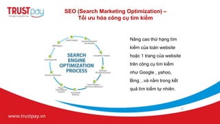 SEO (Search Marketing Optimization) –
    Tối ưu hóa công cụ tìm kiếm


                       Nâng cao thứ hạng tìm
                       kiếm của toàn website
                       hoặc 1 trang của website
                       trên công cụ tìm kiếm
                       như Google , yahoo,
                       Bing…và nằm trong kết
                       quả tìm kiếm tự nhiên.



                                                12
 