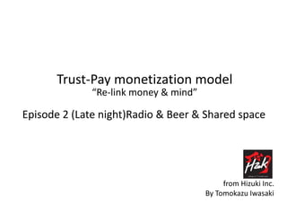 Trust-Pay monetization model
“Re-link money & mind”
Episode 2 (Late night)Radio & Beer & Shared space
By Tomokazu Iwasaki
from Hizuki Inc.
 