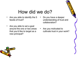 How did we do? Are you able to identify the 5 facets of trust? Are you able to set a goal around the one or two areas that you’d like to target as a new principal? Do you have a deeper understanding of trust and collaboration? Are you motivated to cultivate trust in your work? 