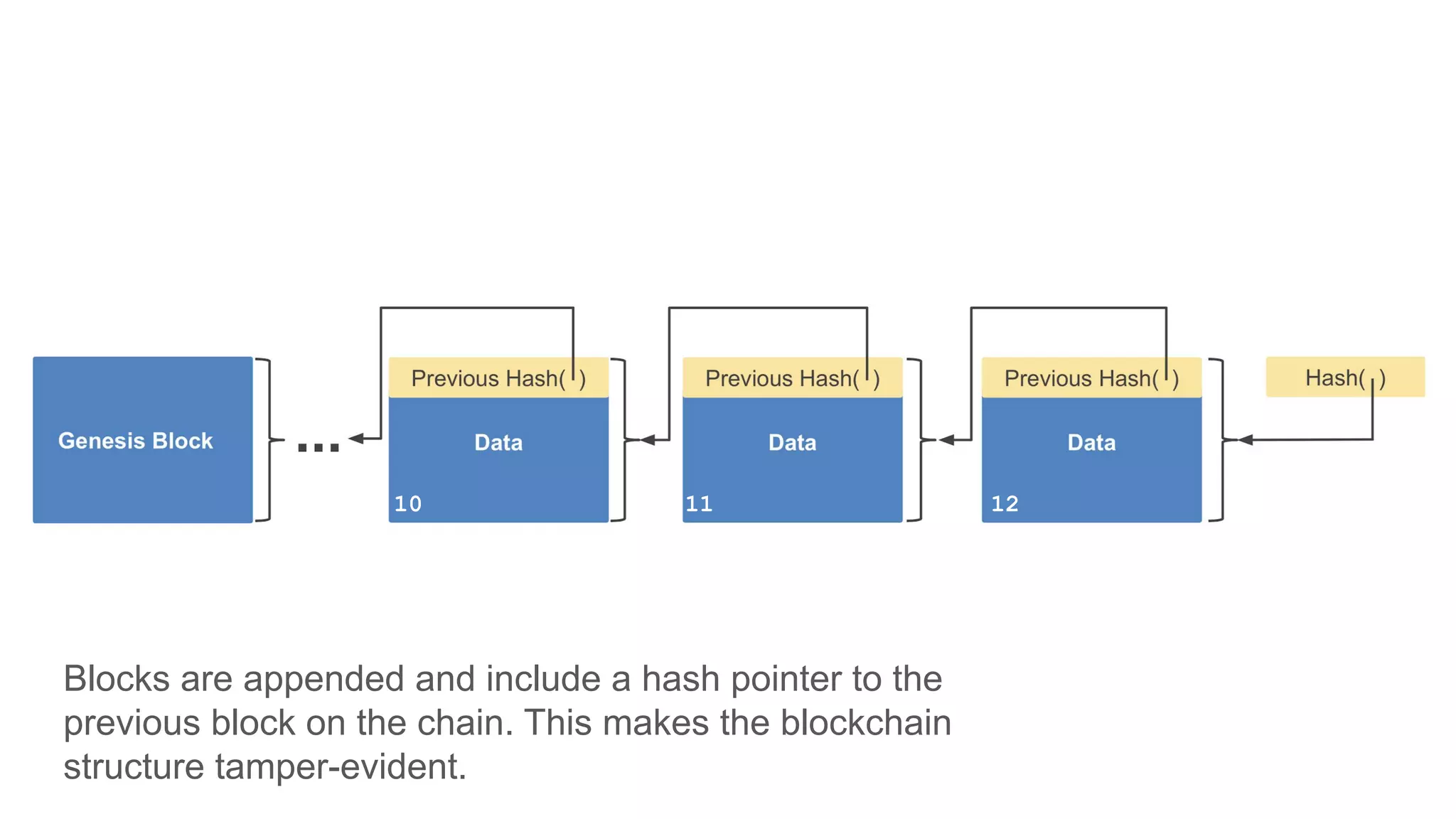 Blocks are appended and include a hash pointer to the
previous block on the chain. This makes the blockchain
structure tamper-evident.
10 11 12
 