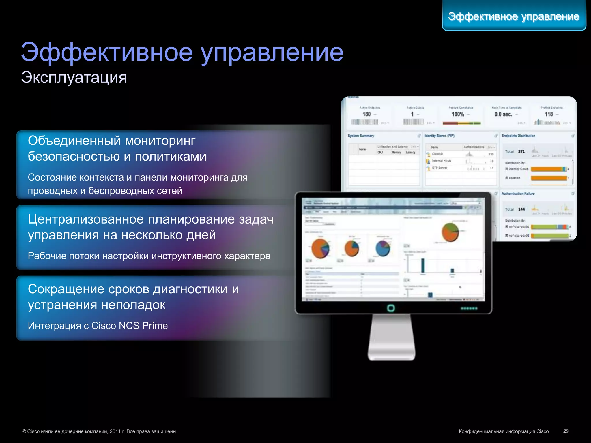 Эффективное управление


Эффективное управление
Эксплуатация


  Объединенный мониторинг
  безопасностью и политиками
  Состояние контекста и панели мониторинга для
  проводных и беспроводных сетей


  Централизованное планирование задач
  управления на несколько дней
  Рабочие потоки настройки инструктивного характера


  Сокращение сроков диагностики и
  устранения неполадок
  Интеграция с Cisco NCS Prime




© Cisco и/или ее дочерние компании, 2011 г. Все права защищены.    Конфиденциальная информация Cisco   29
 