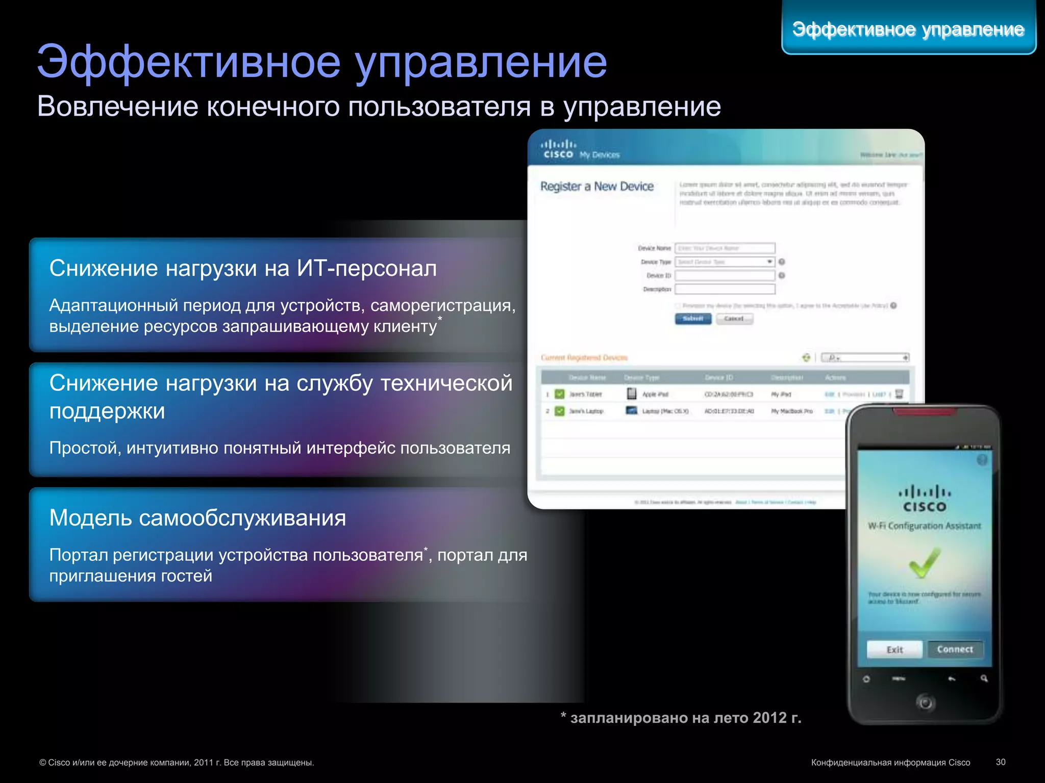 Эффективное управление

Эффективное управление
Вовлечение конечного пользователя в управление




  Снижение нагрузки на ИТ-персонал
  Адаптационный период для устройств, саморегистрация,
  выделение ресурсов запрашивающему клиенту*


  Снижение нагрузки на службу технической
  поддержки
  Простой, интуитивно понятный интерфейс пользователя



  Модель самообслуживания
  Портал регистрации устройства пользователя*, портал для
  приглашения гостей




                                                                  * запланировано на лето 2012 г.

© Cisco и/или ее дочерние компании, 2011 г. Все права защищены.                                     Конфиденциальная информация Cisco   30
 