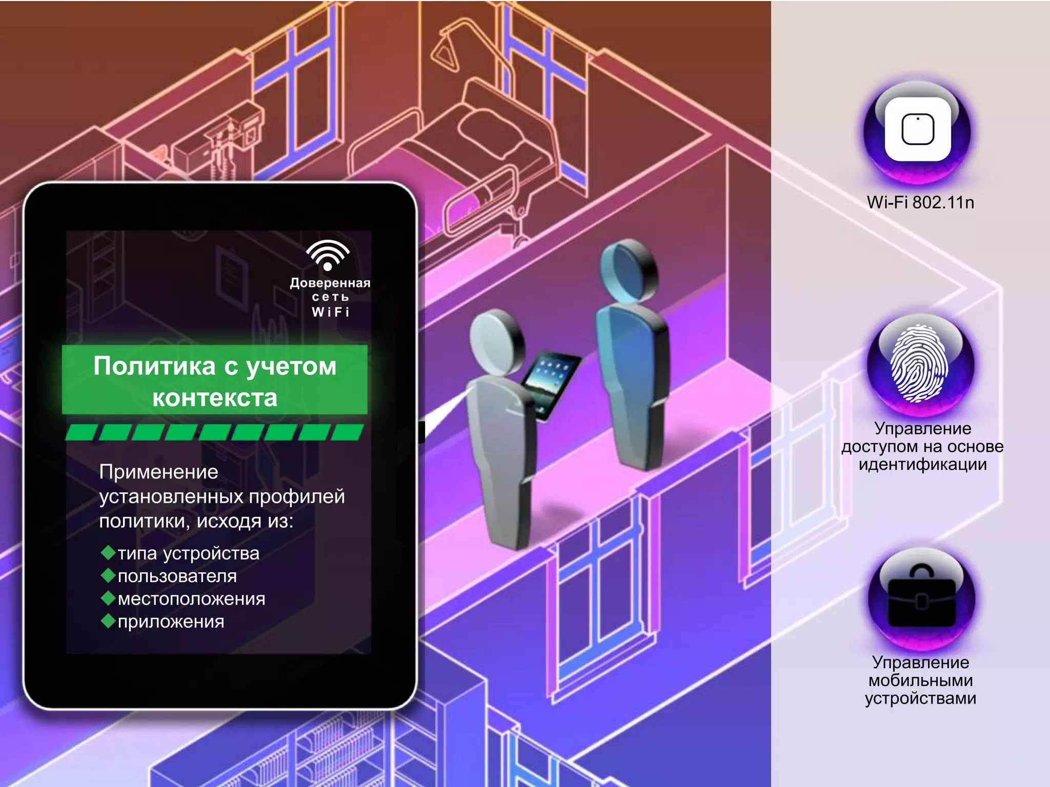 Wi-Fi 802.11n



                                                          Доверенная
                                                            сеть
                                                            WiFi



             Политика с учетом
                контекста
                                                                                            Управление
                                                                                        доступом на основе
              Применение                                                                  идентификации
              установленных профилей
              политики, исходя из:
              типа устройства
              пользователя
              местоположения
              приложения

                                                                                              Управление
                                                                                             мобильными
                                                                                             устройствами


 © Cisco и/или ее дочерние компании, 2011 г. Все права защищены.                   Конфиденциальная информация Cisco   47
Presentation_ID © Корпорация Cisco Systems, 2008. Все права защищены.
                                               Конфиденциальная информация Cisco                                       47
 