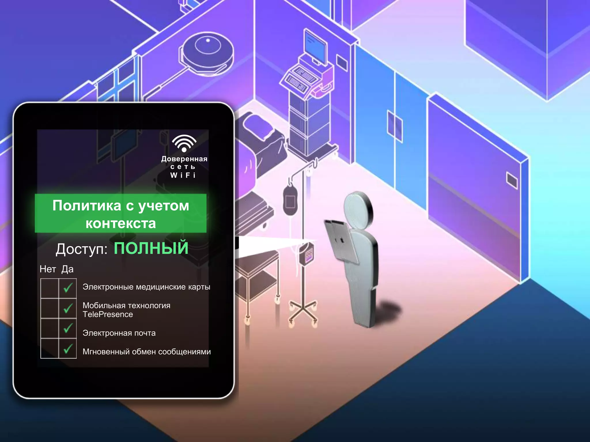 Доверенная
                                                           се ть
                                                           W i F i



             Политика с учетом
                контекста
              Доступ: ПОЛНЫЙ
       Нет Да
                         Электронные медицинские карты

                         Мобильная технология
                         TelePresence

                         Электронная почта

                         Мгновенный обмен сообщениями




 © Cisco и/или ее дочерние компании, 2011 г. Все права защищены.                   Конфиденциальная информация Cisco   48
Presentation_ID © Корпорация Cisco Systems, 2008. Все права защищены.
                                               Конфиденциальная информация Cisco                                       48
 