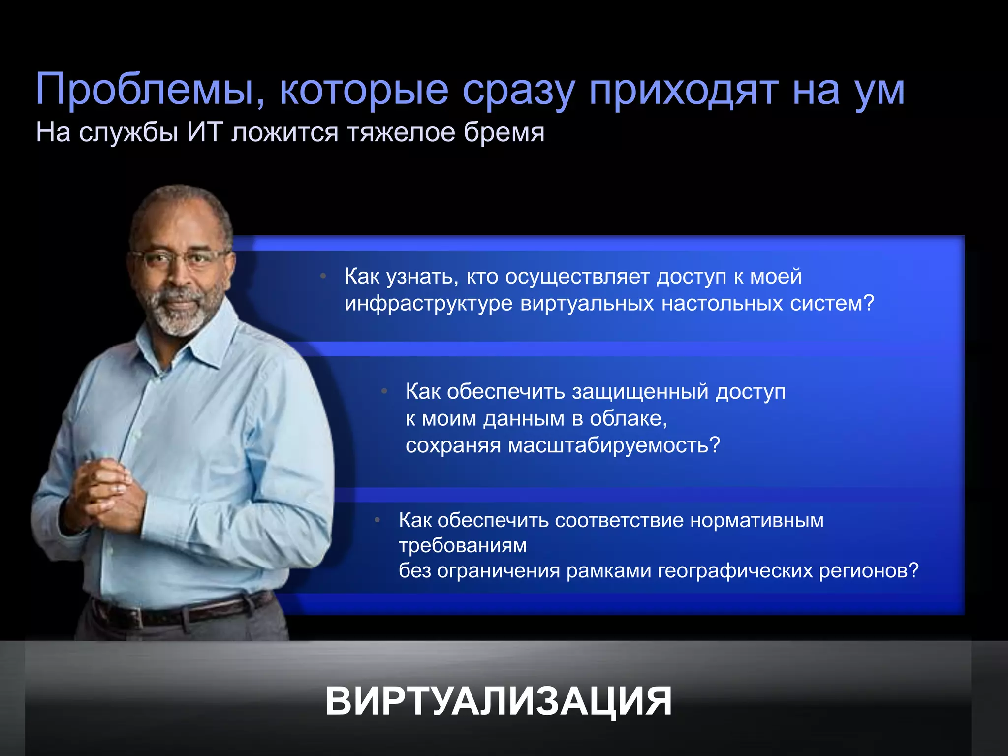 Проблемы, которые сразу приходят на ум
На службы ИТ ложится тяжелое бремя




                                                                  • Как узнать, кто осуществляет доступ к моей
                                                                    инфраструктуре виртуальных настольных систем?


                                                                       • Как обеспечить защищенный доступ
                                                                         к моим данным в облаке,
                                                                         сохраняя масштабируемость?


                                                                      • Как обеспечить соответствие нормативным
                                                                        требованиям
                                                                        без ограничения рамками географических регионов?




                                                                  ВИРТУАЛИЗАЦИЯ
© Cisco и/или ее дочерние компании, 2011 г. Все права защищены.                                            Конфиденциальная информация Cisco   8
 