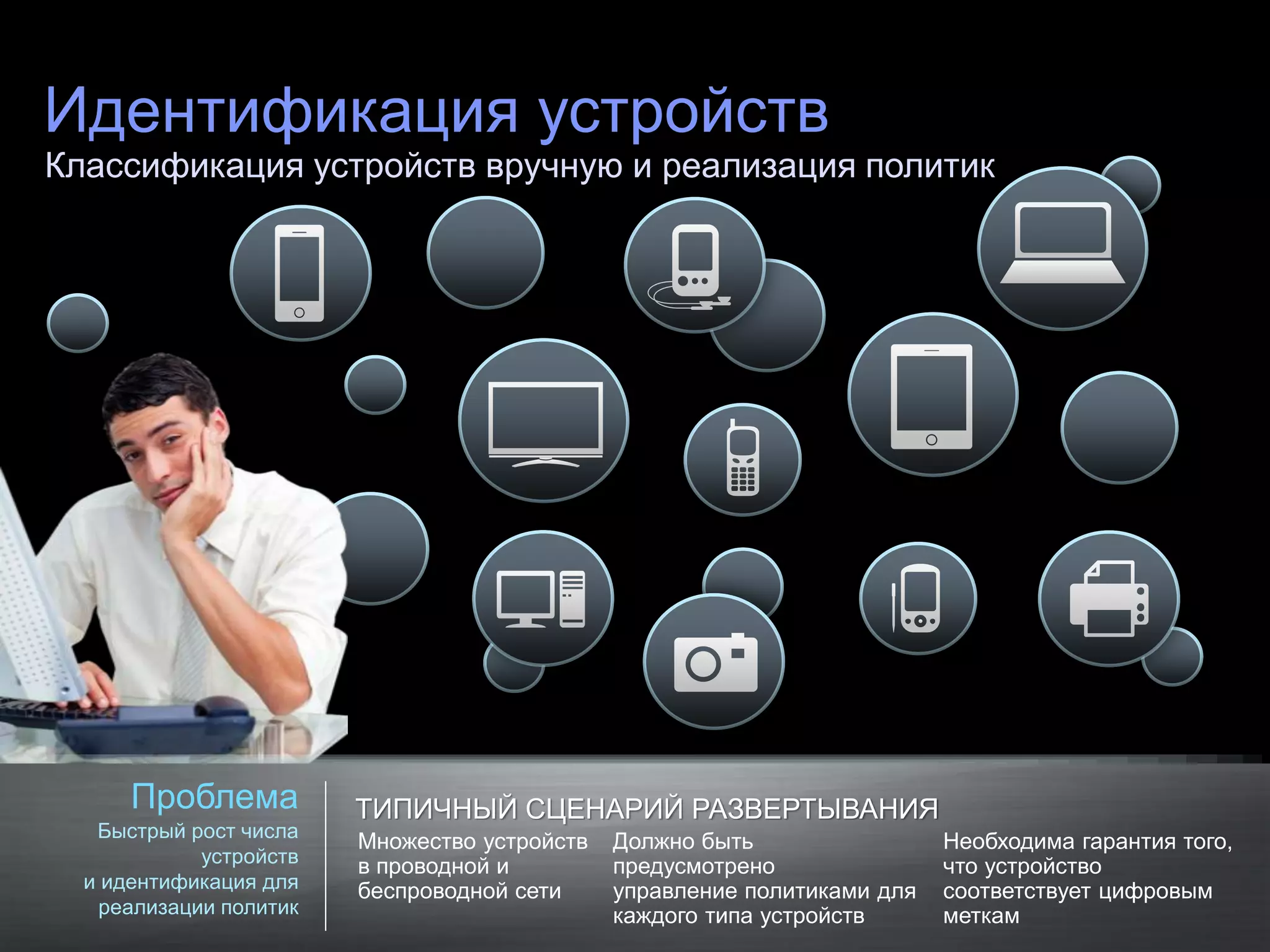 Идентификация устройств
Классификация устройств вручную и реализация политик




               Проблема                                  ТИПИЧНЫЙ СЦЕНАРИЙ РАЗВЕРТЫВАНИЯ
       Быстрый рост числа
                                                          Множество устройств   Должно быть                 Необходима гарантия того,
                 устройств                                в проводной и         предусмотрено               что устройство
      и идентификация для                                 беспроводной сети     управление политиками для   соответствует цифровым
        реализации политик                                                      каждого типа устройств      меткам
© Cisco и/или ее дочерние компании, 2011 г. Все права защищены.                                                 Конфиденциальная информация Cisco 16
 