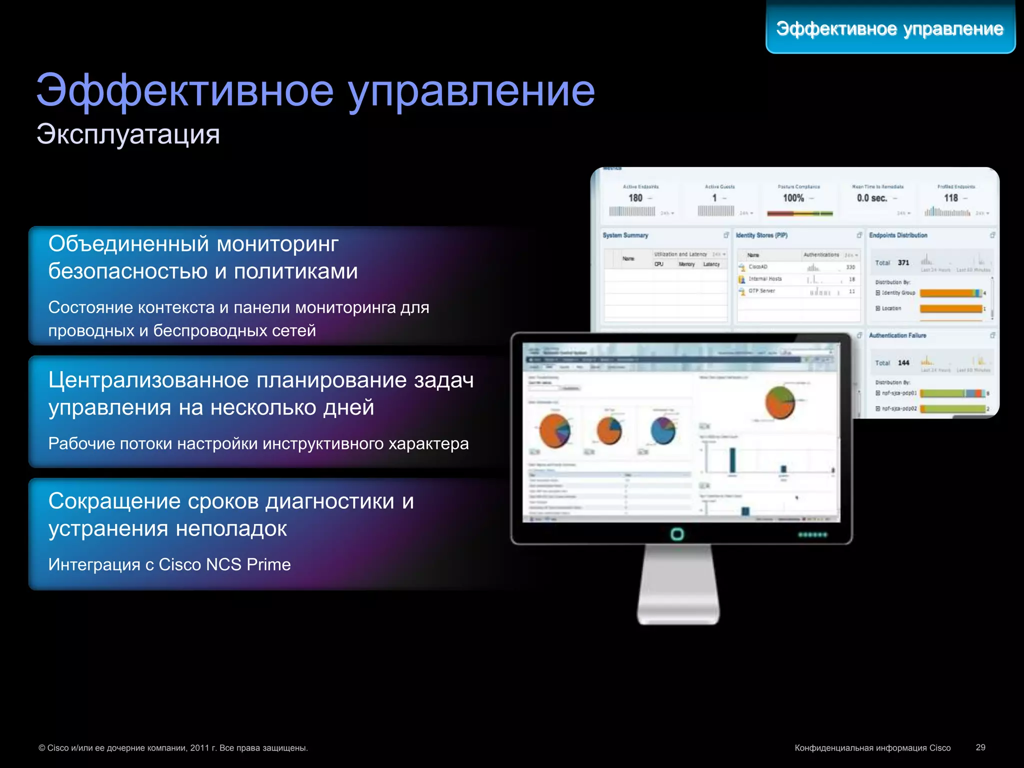 Эффективное управление


Эффективное управление
Эксплуатация


  Объединенный мониторинг
  безопасностью и политиками
  Состояние контекста и панели мониторинга для
  проводных и беспроводных сетей


  Централизованное планирование задач
  управления на несколько дней
  Рабочие потоки настройки инструктивного характера


  Сокращение сроков диагностики и
  устранения неполадок
  Интеграция с Cisco NCS Prime




© Cisco и/или ее дочерние компании, 2011 г. Все права защищены.    Конфиденциальная информация Cisco   29
 