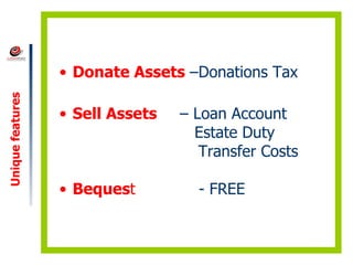 Unique features Donate Assets  –Donations Tax Sell Assets     – Loan Account   Estate Duty   Transfer Costs Beques t  - FREE 