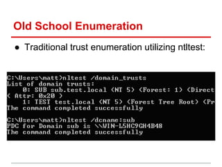 Old School Enumeration
● Traditional trust enumeration utilizing ntltest:
 