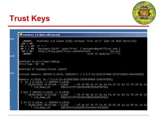 Trust Keys:
A Domain Trust Golden Ticket
This means that even if the
krbtgt hash is rolled twice, you
can still abuse a pr...