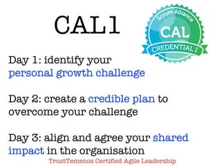 CAL1
Day 1: identify your
personal growth challenge
Day 2: create a credible plan to
overcome your challenge
Day 3: align ...